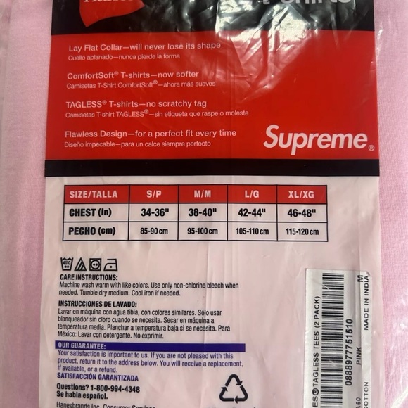 Supreme/Hanes Taglees Tees (2 pack) Pink Size M New SS21 - Picture 7 of 7
